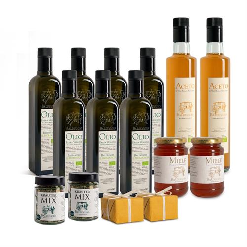 7 Flaschen Olio 2 Essig 2 Honig 2 Balduccio-Kräuter 6 Seifen
